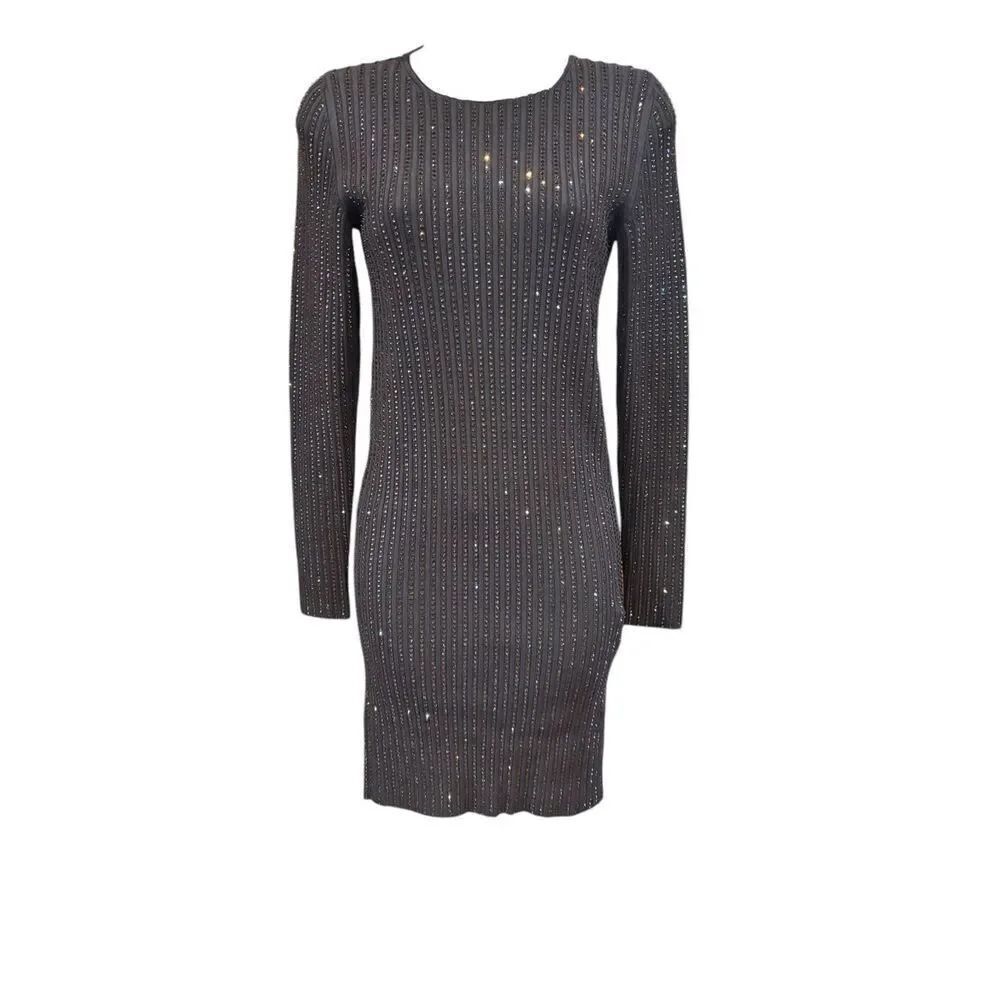 Valentino Brown Ribbed Knit Rhinestone Long Sleeve Dress in Brown NWT Size 44/Me